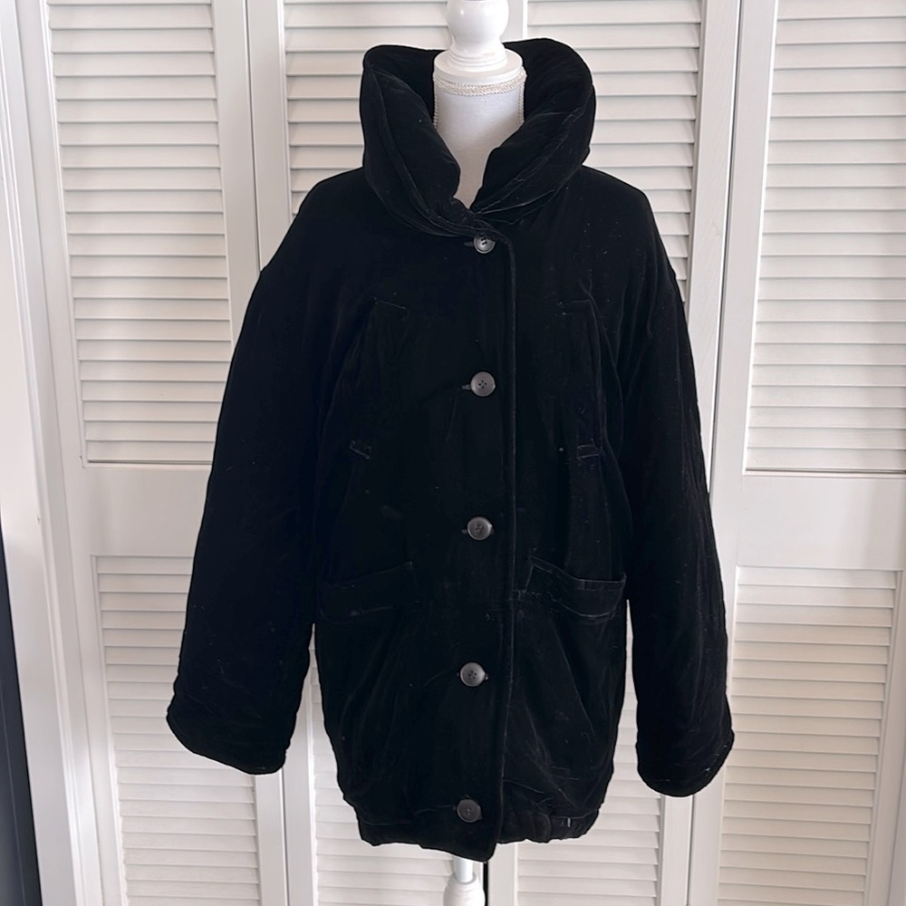 Sanyo Carol Cohen Black Velvet Puffer Coat Down Fill Car Coat Pockets Size Large